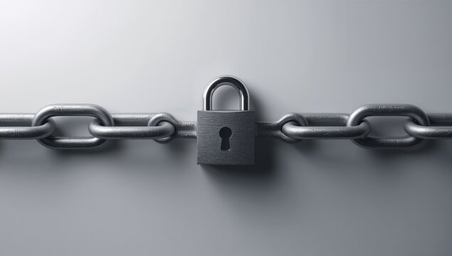 Closed Padlock on Metal Chain Against a Gray Background