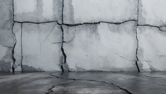 White and gray textured wall with cracks showcasing a weathered surface.