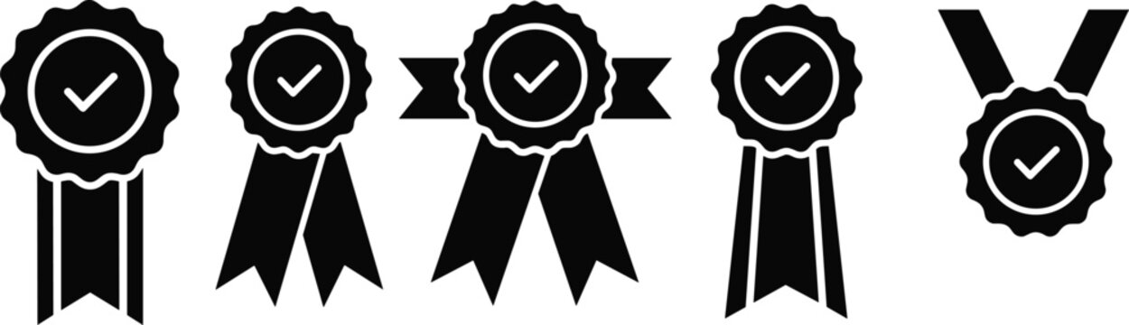 Premium quality badges, guarantee seal, award ribbons, black certification icons, best choice stickers, success symbols, verified logo, approval marks.