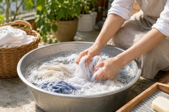 Hand washing clothes in a basin with natural sunlight and eco-friendly lifestyle
