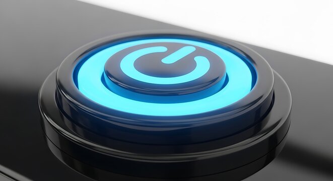 Glowing blue power button on a black electronic device