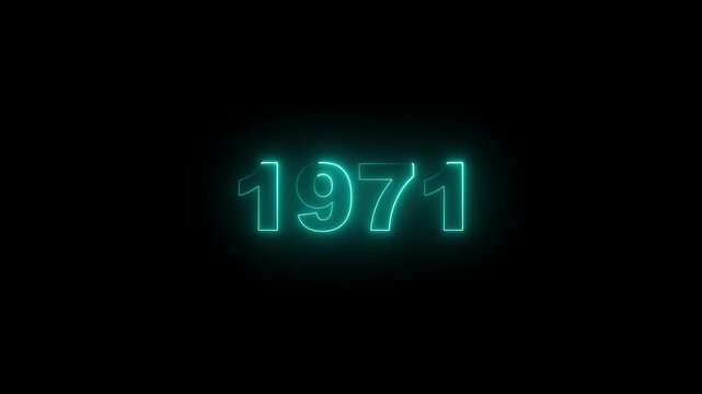 1971 neon glowing number sign animation, retro vintage year typography for documentary and historical projects