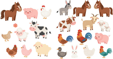 Obraz premium Cute cartoon farm animals vector illustration collection featuring sweet baby livestock characters including horses cows sheep pigs goats and variety of poultry birds isolated on white background