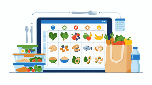 Digital tablet displaying healthy food choices and meal prep containers
