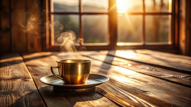 Warm golden beverage in a rustic setting, illuminated by the morning sun streaming through a window onto a wooden table