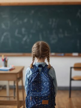 Erster Schultag in Deutschland: Ein kleines Schulkind mit Rucksack blickt im Klassenzimmer auf die Tafel und erlebt den stillen, bedeutenden Moment vor dem Beginn des Unterrichts.