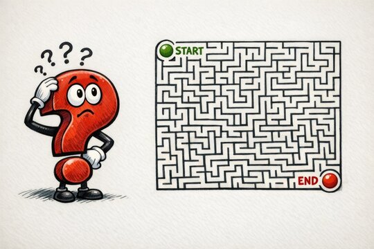 A red question mark situated next to a complex maze, suggesting uncertainty or confusion