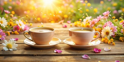 Fototapeta premium A serene morning scene featuring two steaming cups of coffee nestled amidst a vibrant bouquet of wildflowers bathed in warm sunlight on a rustic wooden table.