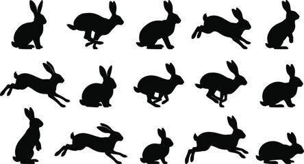 Rabbit silhouettes collection, hare jumping and sitting shapes, bunny animal icons, wildlife elements for nature design, black flat silhouettes. © MstSumi