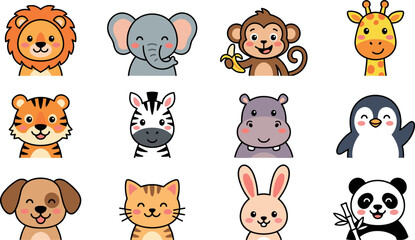 Obraz premium Cute Kawaii Animal Face Icon Set Featuring Adorable Cartoon Lion, Elephant, Monkey, Giraffe, Tiger, Zebra, Hippo, Penguin, Dog, Cat, Rabbit, and Panda