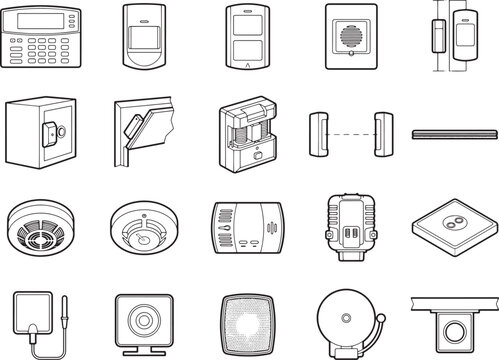 Collection of outline icons for home and building security system components, including keypad, motion detector, safe, camera, and alarm bell, presented in a clean, technical style.