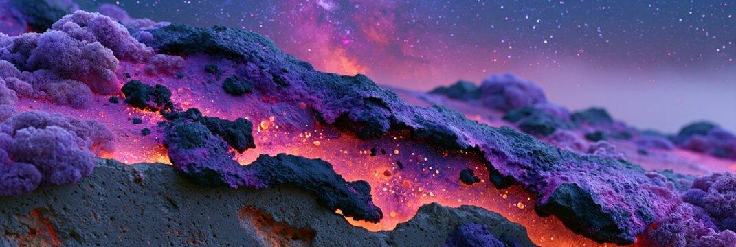 Alien landscape with glowing lava river and purple crystalline formations under a starry sky