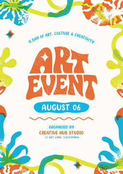 Hand drawn Risograph Art Event Poster with Groovy Typography Design