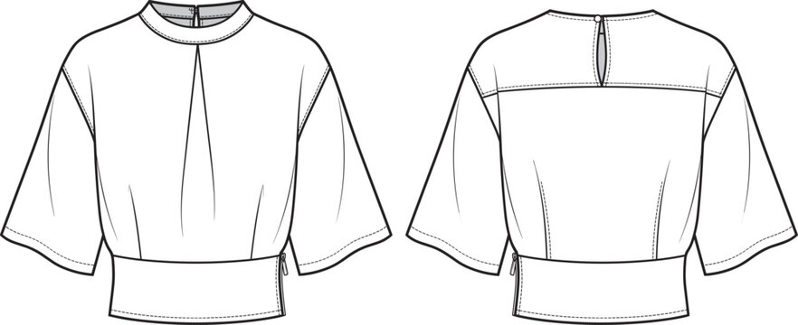 Women mock neck dolman sleeve blouse technical fashion flat sketch template front and back view