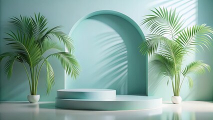 Fototapeta premium Serene Minimalist Display with Two Lush Palm Plants and a Light Green Pedestal