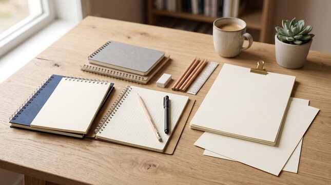 Top view of a wooden desk with notebooks and office supplies.