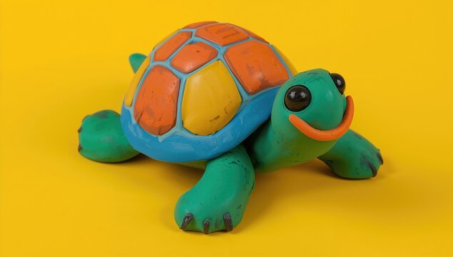 Colorful Toy Turtle on Yellow Background in Playful Pose