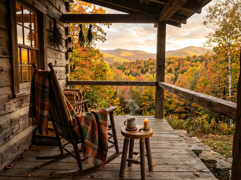 Cozy rustic cabin porch with a rocking chair overlooking a beautiful autumn forest landscape at sunset.