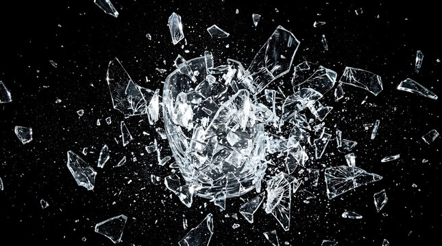 Abstract background of sharp glass shards exploding outwards isolated on a deep black background with explosion shattered transparent