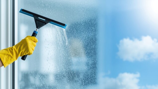 Hand Using a Squeegee to Clean a Window with Blue Sky and Clouds in Background