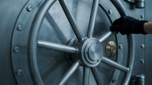 Person Using Gloved Hand to Open Large Metallic Locking Safe Door with Wheel Handle