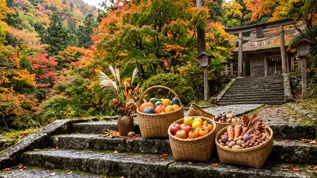 Autumn Harvest Baskets at the Stone Steps of a Traditional Japanese Shrine