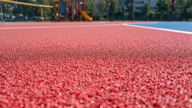 Red Sports Court Surface Closeup with Playground Equipment in Background on a Sunny Day