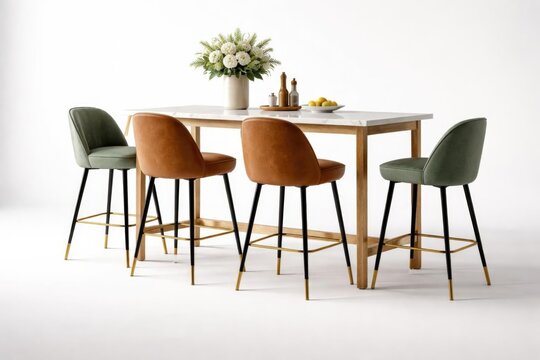 Modern Dining Table Set with Stylish Bar Stools and Floral Centerpiece on White Background