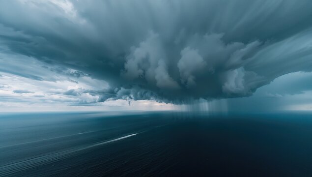 Dramatic Rain Clouds Over Ocean Horizon in Moody Blue Tones