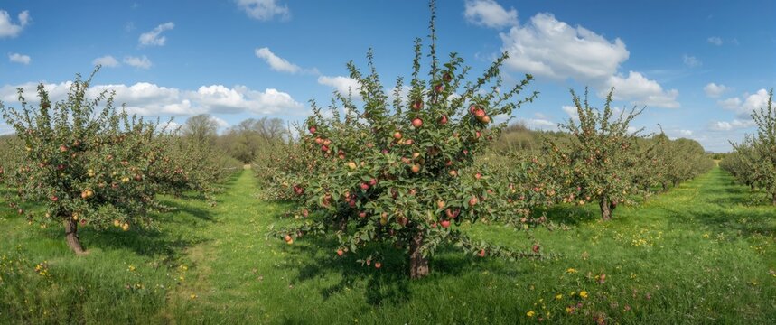 Apple Orchard Panorama with Lush Green Grass and Blue Sky