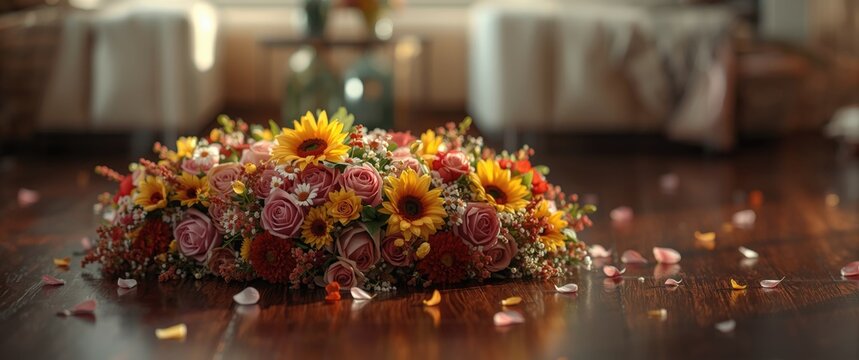 Colorful Floral Arrangement with Sunflowers and Roses on Wooden Floor with Petals