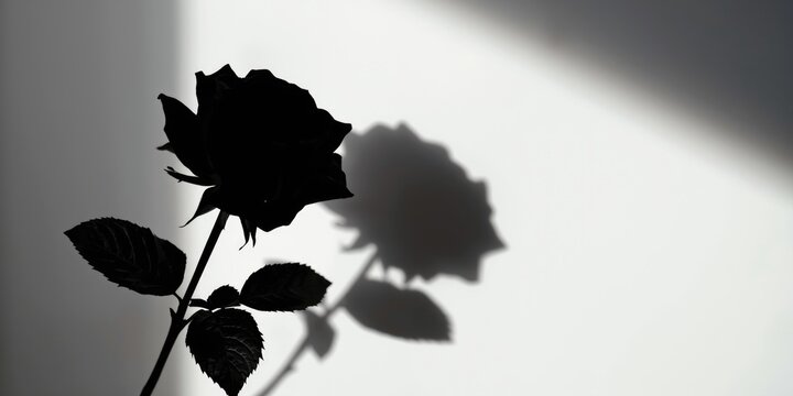 Black Rose Silhouette with Shadow on White Background