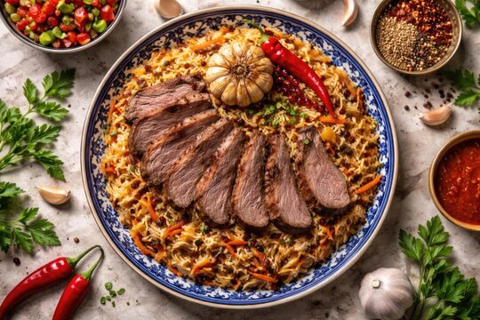 Sliced Meat Dish on Rice Garnished with Garlic and Chilies in a Colorful Setting