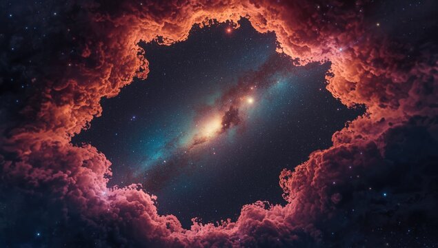Colorful Galaxy Surrounded by Clouds in a Starry Sky