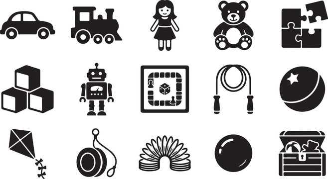 A collection of black silhouette representing various children's toys, including a car, train, doll, teddy bear, puzzle, building blocks, robot, board game, jump rope, ball, kite, yo-yo, and slinky