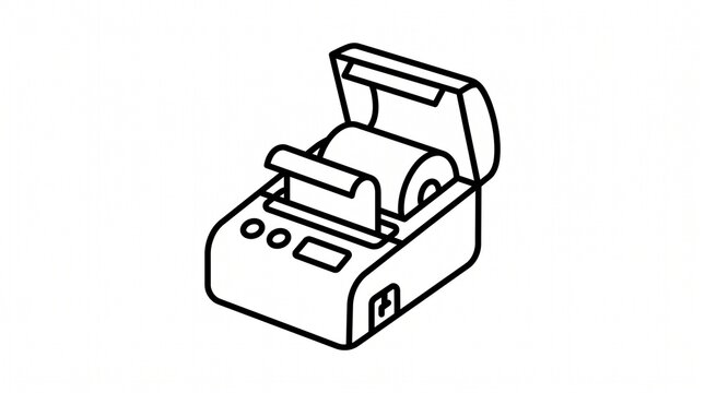 Minimalist isometric line icon of an open thermal receipt printer