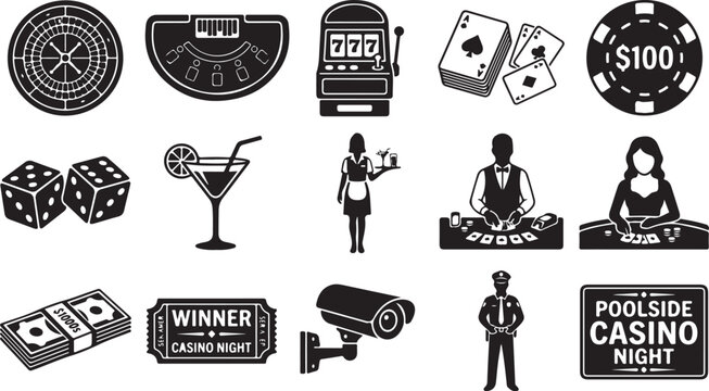 Set of black and white casino featuring a roulette wheel, slot machine, playing cards, dice, cocktail, dealer, security camera, money stacks, and a poolside casino night sign