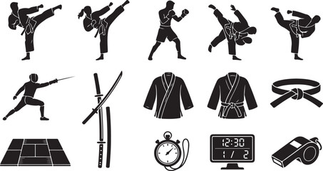 Set of black silhouette featuring martial arts athletes, karate uniforms, samurai swords, fencing, boxing, and sports training equipment like a stopwatch, scoreboard, and whistle © MdAbu