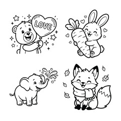 Obraz premium Cute Sweet Animals Coloring Book Vector Bundle with Bear Rabbit Elephant and Fox