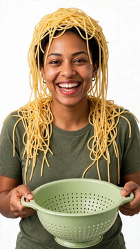 Clumsy woman with dark skin laughing with spaghetti on her head, holding a green colander in a playful food humor composition on white background, humorous portrait of a funny kitchen mishap scene