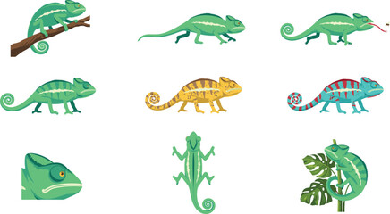 Fototapeta premium Chameleon Lizard Character Icon Set in Various Poses Changing Colors Climbing Branches and Catching Insect Flat Vector Illustration
