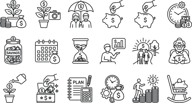 Retirement savings finance line icon set vector showing pension investment piggy bank money growth insurance calendar plan elements
