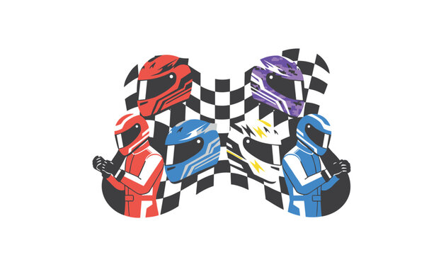 Group of race car drivers with colorful helmets positioned in front of a checkered flag banner showing team spirit.