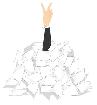 File clerk under huge pile of papers showing victory gesture