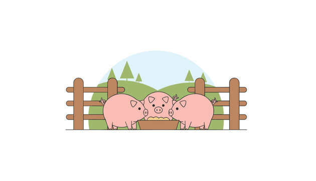 Three pink pigs gathered together while eating food from a shared wooden trough inside a fenced farm enclosure area.