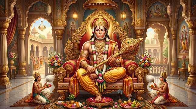 Divine throne scene depicting a regal figure with weapons and attendants in a grand temple setting