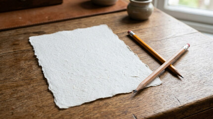 Naklejka premium Blank Textured Paper with Pencils on Wooden Desk