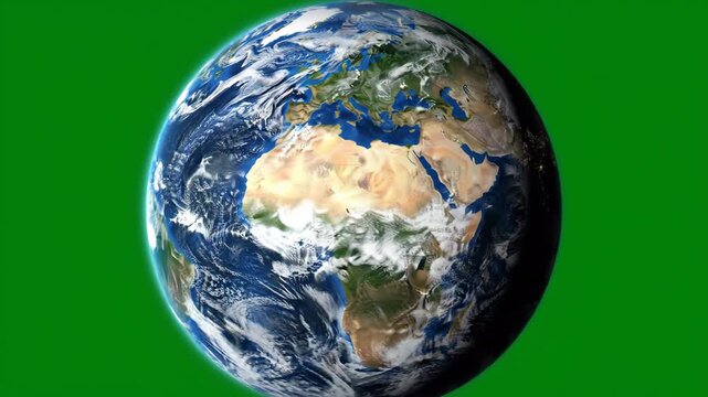 Detailed 3D model of Planet Earth rotating slowly against a solid chroma key green background for easy masking and compositing