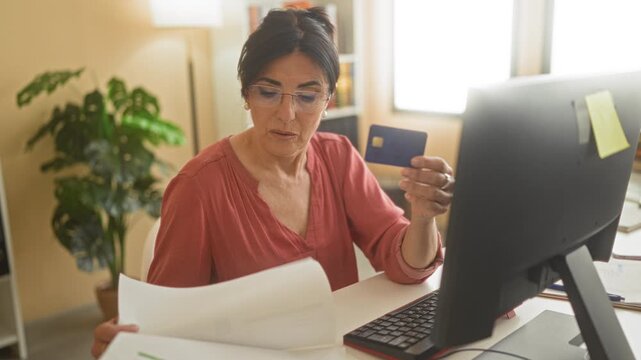 Woman holding creditcard and reading paperwork at desk in a building, looking concerned at computer screen; financial concern.