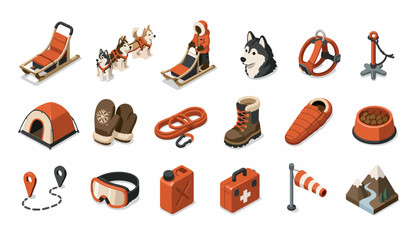 Flat design icons of winter sports and outdoor adventure gear. © mbg.studio